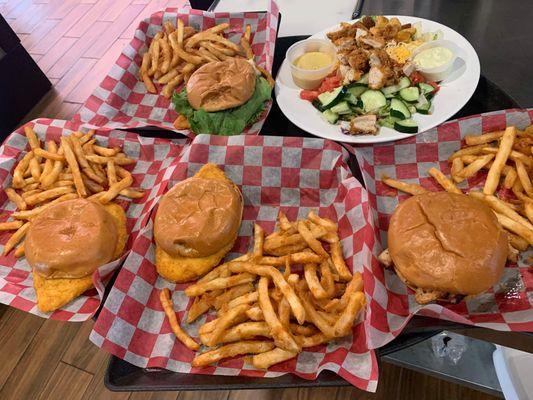 Fried and Grilled Chicken Sandwiches with Fries - $10.99 with a Fried Chicken Salad $11.99