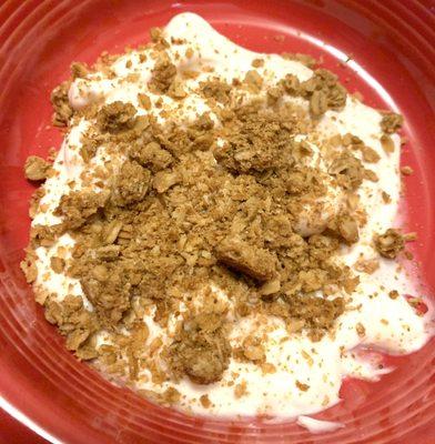 Peanut Butter~ The granola didn't have a very pronounced peanut butter flavor, but it does taste delicious crumbled in peach yogurt!