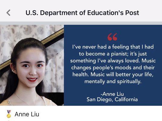 Opus119 student Anne Liu (U.S. Presidential Scholar in the Arts) will be attending the Juilliard/ Columbia's dual degree program this fall.