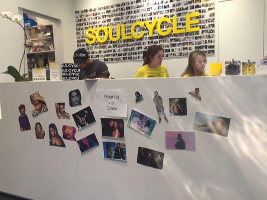 Front desk at 14th St location for Drake vs Rihanna SoulCycle class!