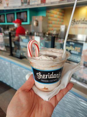 Candy cane and hot fudge concrete