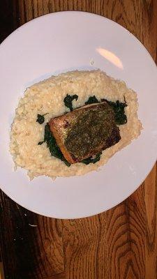 Pan Seared Salmon| Parmesan risotto, Spinach, & Pesto