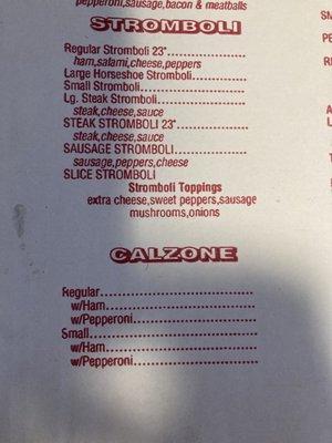 Stromboli and calzone menu