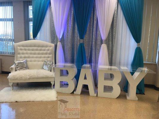 Loveseat & BABY Table Package with Backdrop, Pillows & Rug.