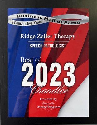 Best of Chandler 2023 Speech Pathology Business Hall of Fame RidgeZellerTherapy.com