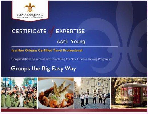 Certificate (#3) for Ashli Young / Nawlins Theatrical Tours  Certified Travel Professional by the New Orleans Convention & Visitors Bureau