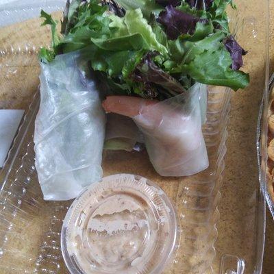 Summer rolls with shrimp and home made peanut sauce.