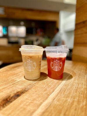 Sweet Cold Brew and Strawberry Acai Refresher w/2 scoops of freeze dried strawberries.