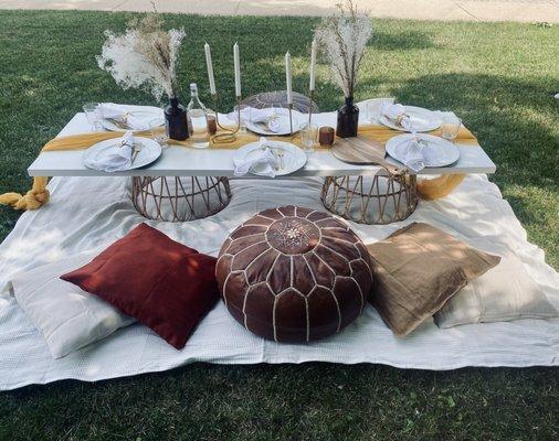 Custom picnic set up designed to your needs. Set up & Breakdown. Indoors? Ask about our custom tablescapes.