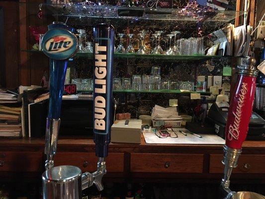 Beers on tap or Miller lite, Bud Light, and Budweiser