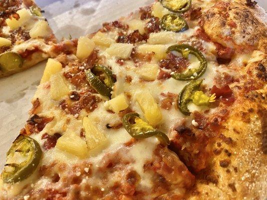 Bacon, jalapeños, pineapple. Delicious