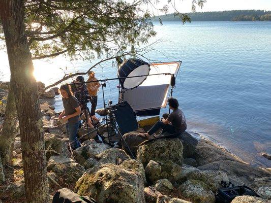 Setting up an interview lakeside in Ely, Minnesota