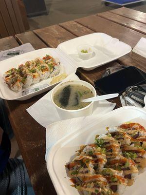 Miso soup, spicy tuna, and spicy salmon rolls