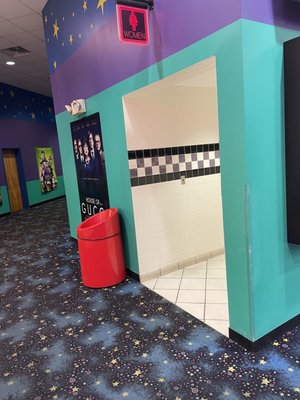 Ladies - your restroom is the purple checkered wall. Not the blue checkered wall, because that bathroom is for men.