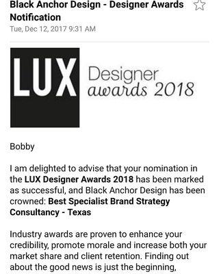 Lux Designer Award 2018 Best Specialist Brand Strategy Consultant