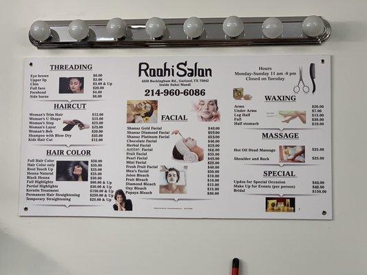 Roohi Salon Menu Prices