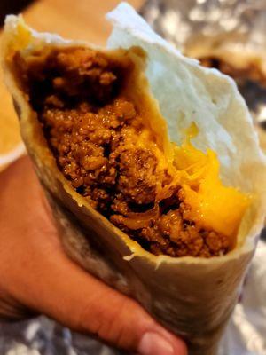 Ground beef and cheese burrito with extra cheese