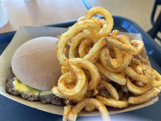 Cheeseburger (asked for it plain) & curly fries