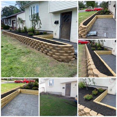 Stamped concrete, 7 tier garden retaining wall block, all new plants and trees planted. Massive job, had this done in only a few days !