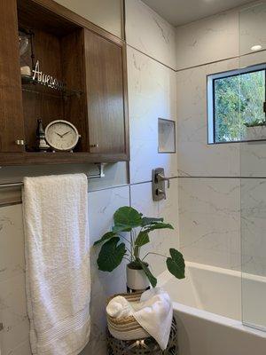 Guest bathe remodel - custom wall storage with outlet & USB inside