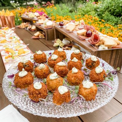 crab cake bites on an appetizer display