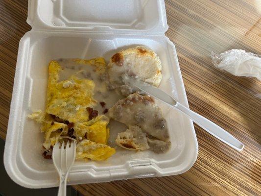 2 egg omelette with bacon and cheese. Biscuits and gravy ( worst I've had.).