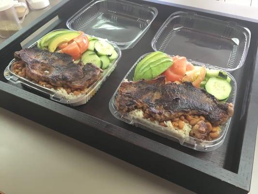 Carne Asada: Sirloin Steak, Rice+Pinto Beans, Avocados, and Salad