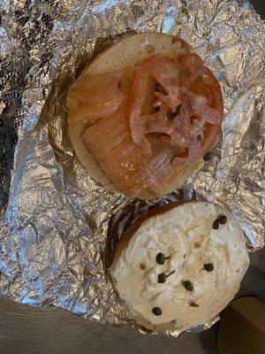 Unimpressive lox & caper sandwich! - wasn't toasted, light cream cheese on only one side, and a pathetic thin piece of lox