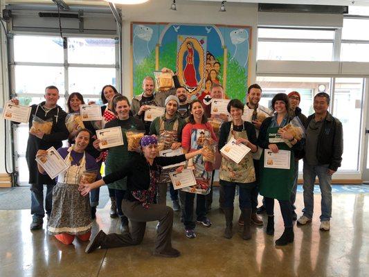 Our wonderful La Cocina School's Pork Red Chile Tamales students and the splendid Chef Camelia!