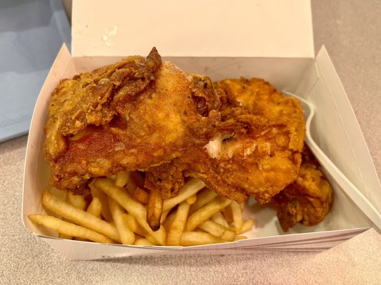 Three piece chicken with fries