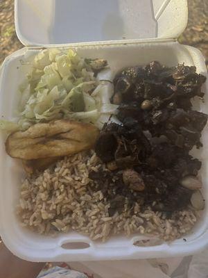 oxtail, rice & peas, plantain, cabbage