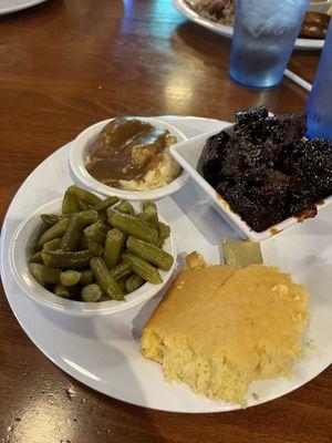 Brisket Burnt Ends Green Beans Garlic Redskin Mashed Potatoes Corn Bread