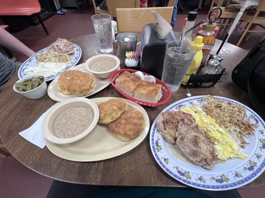 Big Country breakfast (with green beans subbed in for grits) and the Country breakfast with tenderloins and sides of cornbread.