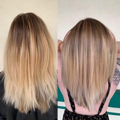 Left before and right after highlights & toned to a cooler blonde done by Carol Smith