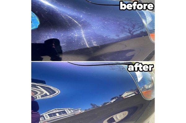 Before and After of our 3 stage paint correction detail. Includes wash, claybar, wax/polish with tire dressing. We got those swirls out!