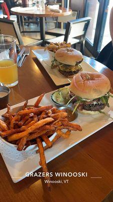 green mountain burger with sweet potato fries, full belly burger with regular fries