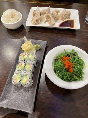 California roll, Seaweed Salad, Steamed Dumpling