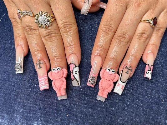 XLong set with nail art , French tips and charms