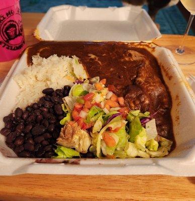 Chicken mole enchiladas with rice and black beans...yum!! Enough for 2 meals.