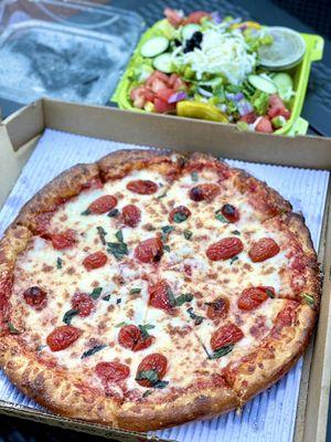 Round Large Margherita pizza and large garden salad