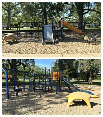 One play structure with other things to climb or play on.