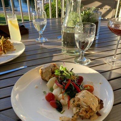 Crab cake with a lake view