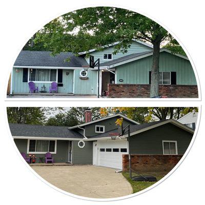 Before (top) and after (below) of the roof, siding, gutters, and downspouts.