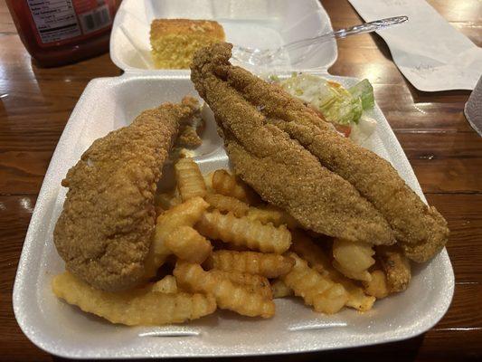 Big Fried Catfish with Fries and Salad Lunch