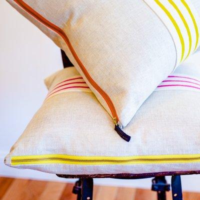 American-made linen/hand-print trim pillows