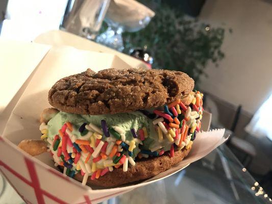 "Make Your Own Cookiewich": homemade mint chip ice cream between one molasses cookie, and one choc chip cookie, rolled in sprinkles!