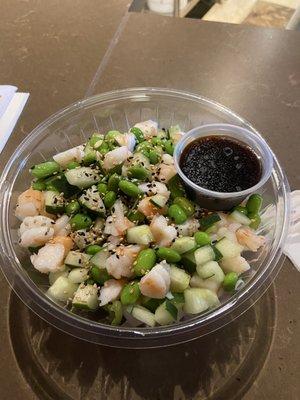 poke bowl with cucumber, edamame, and shrimp, with white rice and hawaiian sauce :-)