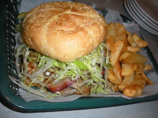 Greek burger with steak fries