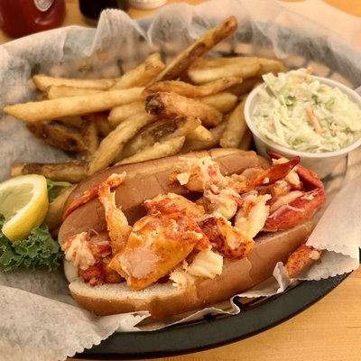 Lazy Lobster Roll  Connecticut style hot buttered lobster roll, comes with fries and a side of coleslaw