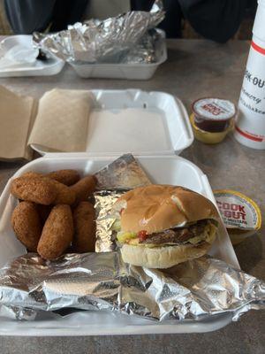 Tray with cheeseburger hushpuppies chicken quesadillas